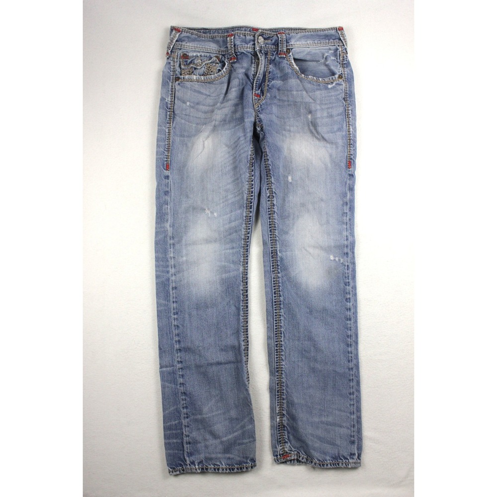 True Religion Mens 34 Mega T Straight Flap Earthworm Distressed Jeans Denim
